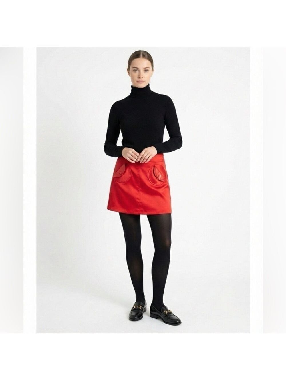 TATYANA Festive Red Poly Blend Satin Faux Leather Pocket Flaps Lined Skirt L